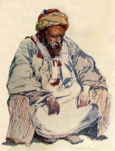 Istuva Syyrianpaimenkoira lampaantakissa, 1902. tekijältä John Fulleylove