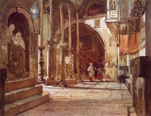 Voitelukivi, ristiretkeläisten kirkon ambulatoriosta (väri litho) tekijältä John Fulleylove