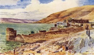 Galilean järvi, katsoen etelään Tiberiasta (väri litho) tekijältä John Fulleylove