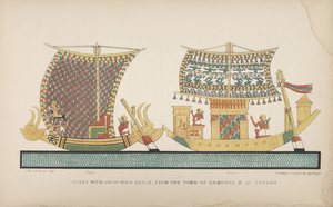 Veneitä värillisillä purjeilla, Thebassa sijaitsevasta Remeses III:n haudasta, kuvitus teoksesta "Muinaisten egyptiläisten tavat ja tavat...", 1837-41 tekijältä John Gardner Wilkinson
