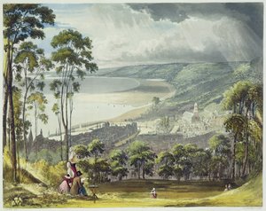 Näkymä Honfleurista, Thomas Sutherlandin (s.1785) kaiverruksesta "Views on the Seine", jonka julkaisi R. Ackermann (1764-1834) 1821.