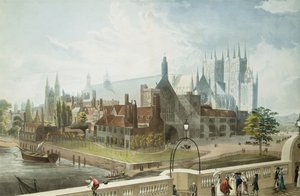 Westminster Hall ja Abbey, kaiverrettu Daniel Havell (1785-1826), julkaissut Rudolph Ackermann (1764-1834) 1819 (värillinen akvatinta)