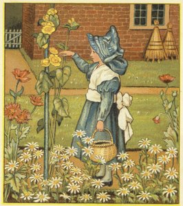Tyttö puutarhassa hollyhock, unikot ja koiranputkea (väri litho) kanssa