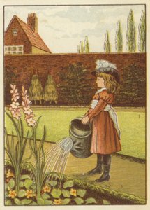 Tyttö kastelee puutarhaa (väri litho)
