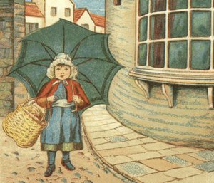 Pikkutyttö ostoksilla korinsa kanssa (väri litho)