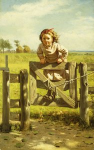 Nuori tyttö heilumassa portilla, tekijältä John George Brown