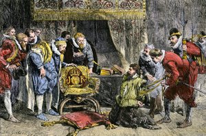 Guy Fawkes Englannin kuningas Jaakko I:n edessä ruutisalaliiton jälkeen 5. marraskuuta 1605. 1800-luku (kaiverrus)