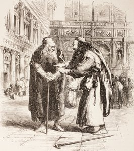 Kuvitus Venetsian kauppiaalle, Shylock ja Tubal kohtaavat kadulla, näytös III, kohtaus I, julkaisusta The Illustrated Library Shakespeare, julkaistu Lontoossa 1890 tekijältä John Gilbert