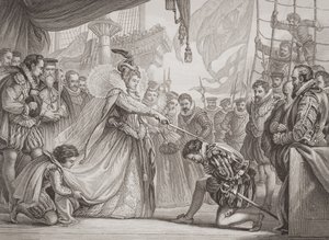 Kuningatar Elisabeth I (1530-1603) tekee ritariksi Francis Draken (1540-96) Englannin ja Skotlannin historian kuvituksista I osasta