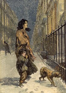 Kodittomat köyhät, äiti ja lapsi koiran kanssa lumessa (chromolitho) tekijältä John Gilbert