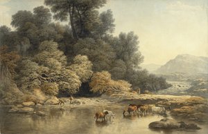 Mäkinen maisema joen ja karjan kanssa, n. 1810 (wc grafiitin päällä kudottupaperilla)