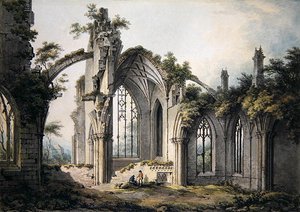 Melrose Abbey (akvarelli paperille) tekijältä John Glover