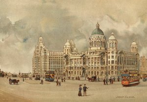 Liverpool: Mersey Docks and Harbour Boardin toimistot, The Liver Building jne., Approach to Landing Stage (värilitho)