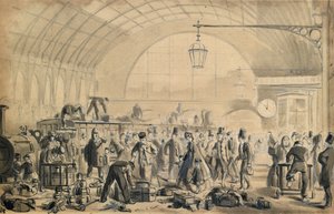 Jouluaatto Kings Crossin asemalla, n. 1870-1890 (kynä ja pesu paperille) tekijältä John Gordon Thomson