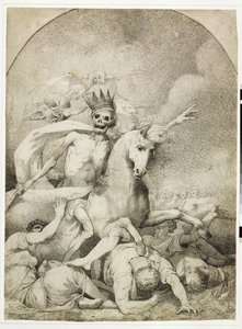 Kuolema vaalealla hevosella, n. 1775 (kynä ja musta muste kudospaperilla) tekijältä John Hamilton Mortimer