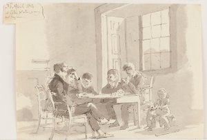 Pojat lukevat Storrsissa, Elterwaterissa, 1814 (kynä ja muste pesulla paperille) tekijältä John Harden