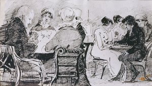Kortit ja shakki, 1815 (kynä ja muste paperille) tekijältä John Harden