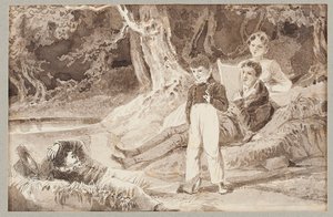 Neljä hahmoa puiden keskellä kuumana päivänä, 1807 (wc paperilla) tekijältä John Harden