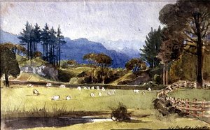 Langdale Windermeren pohjoisrannalta (akvarelli paperille) tekijältä John Harden