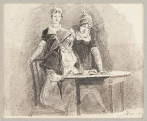 Kolme pöydässä, yksi istuu, 1807 (lyijykynä ja pesu paperille) tekijältä John Harden