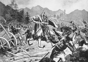 Basileios II Setainan lähellä käydyssä taistelussa (litografia) tekijältä John Harris Valda