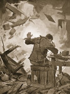 Bombardier French viimeistelee viestinsä sen jälkeen, kun ammus oli tullut huoneen läpi, johon hän soitti (litho) tekijältä John Harris Valda
