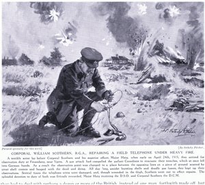 Alikersantti William Scothern RGA korjasi kenttäpuhelinta raskaan tulen alla, sai DCM Ypresin toukokuussa 1915 tekijältä John Harris Valda
