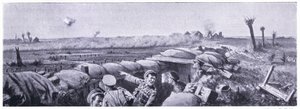 Kaasuhyökkäys toisen Lancashire Fusiliersin juoksuhaudoihin, jossa sotamies Lyn menetti henkensä, mutta voitti VC:n. Ypres huhtikuuta 1915 tekijältä John Harris Valda