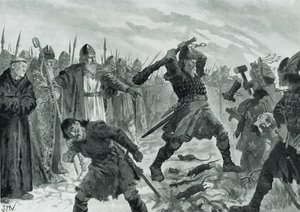 Kuningas Olav Pyhä rikkoo Morin jumalan kuvan. tekijältä John Harris Valda