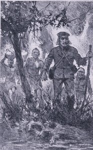 Livingstone ampui leijonaa kohti, mutta leijona hyökkäsi hänen kimppuunsa ja puri hänen olkapäätään ja mursi hänen vasemman kätensä, Newnes Pictorial Knowledge julkaisi Newnes, noin 1950-luku (litho) tekijältä John Harris Valda