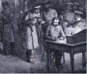 Prinssi Alexander allekirjoittamassa kruunustaan 1886, kuva Hutchinsonin kansakuntien historiasta VOL 4 c.1920-luku tekijältä John Harris Valda