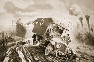 Private Adams meni auttamaan haavoittuneita ambulanssissa, joka oli törmännyt kuoppareikään tulen alaisena tekijältä John Harris Valda