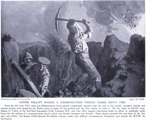 Sapper Pollitt rakentamassa viestintähautaa raskaan tulen alla Gallipolin niemimaalla kesäkuuta 1915 tekijältä John Harris Valda