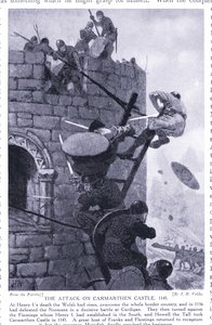 Hyökkäys Carmarthenin linnaan AD1136, 1920-luku tekijältä John Harris Valda