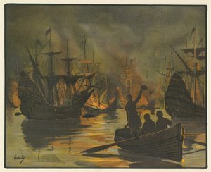 Palolaivojen voittamaton Armada hyökkäsi (väri litho)