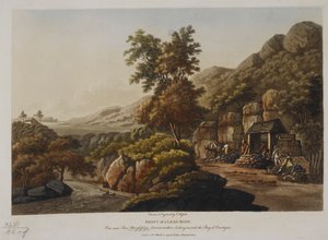 Lyijykaivoksen varsi. Näkymä lähellä Pont Aberglaslynia, Carnarvonshire, näkymä Cardiganin lahdelle, julkaistu vuonna 1798 (värillinen kaiverrus)
