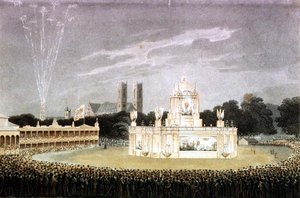Ilotulitus, jota pidetään Green Parkissa Napoleonin tappion kunniaksi, Matthew Dubourg -pubin kaiverrus. 1814 (kaiverrus)