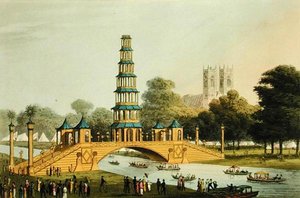 Kiinalainen silta ja pagodi, pystytetty puistoon vuoden 1814 loistavan rauhan muistoksi, kaivertanut Matthew Dubourg (fl.1785-20)
