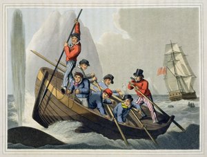 Laivan vene hyökkää valaan kimppuun, kaiverrus Matthew Dubourg (fl.1785-1820), julkaisija Edward Orme, 1813