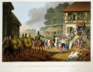 Ranskan joukot vetäytymässä ja ryöstelemässä kylää, kaiverrettu Matthew Dubourgin (fl.1813-20) teoksesta Historic, Military and Naval Anekdootit, pub. kirjoittanut Edward Orme (1774-n. 1820) 1816 (akvatinta) tekijältä John Heaviside Clark