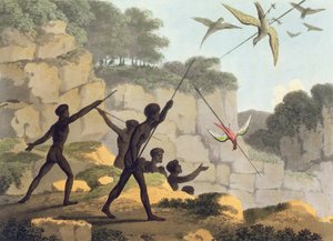 Throwing the Spear, aboriginaalit metsästävät lintuja Uudesta Etelä-Walesista Matthew Dubourgin (f.1813-1820) pubin kaiverruksella. 1813