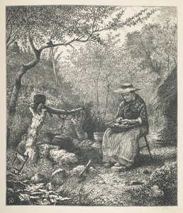 Levy 22. Nainen kokkaamassa ulkona, Nature Picturesista, J. H. Dellin puulle piirtämä ja R. Patersonin kaivertama 30 alkuperäisen kuvituksen sarja. John Henry Dell