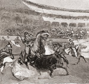 Härkätaistelu Sevillassa, Espanjassa, The Century Illustrated Monthly Magazine, julkaistu 1884 (puukaiverrus) tekijältä John Henry Ellsworth Whitney