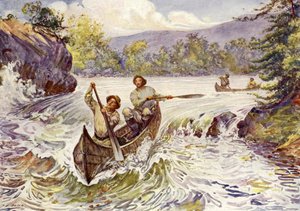 Kanadalaiset ampuvat koskia kanooteissa (värilitho)