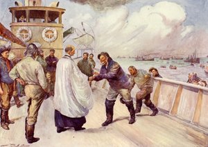 Pescadors de la flota pesquera del mar del Nord reunint-se per al culte (litografia de color) finlandès