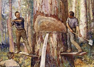 Metsämiehet leikkaavat puuta (väri litho)