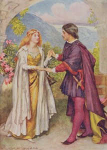 Hamlet ja Ophelia Edith Nesbitin (1858-1924) pubista "Shakespearen lasten tarinoita". kirjoittanut Raphael Tuck und Sons Ltd., Lontoo (kirjan kuvitus)