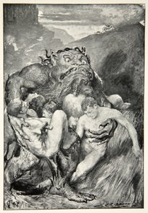 Pahan demoni raivokkaalla raivollaan tarttui niihin ahneesti, M.I.:n teoksesta Hero Myths and Legends of the British Race. Ebbutt, 1910