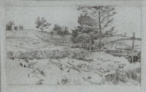 Maisema kivimuurilla (luonnos kentistä) tekijältä John Henry Twachtman