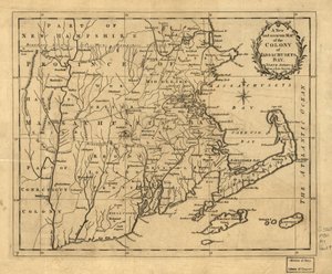 Uusi ja tarkka kartta Massachusetsin (eli Massachusettsin) lahden siirtokunnasta Pohjois-Amerikassa, myöhäisen kartoituksen perusteella. LOC 2001620337 tekijältä John Hinton